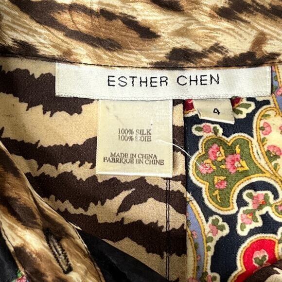 Esther Chen‎ Silk Patchwork Boho Button Up Top Pointed Collar Size 4 - Picture 9 of 9